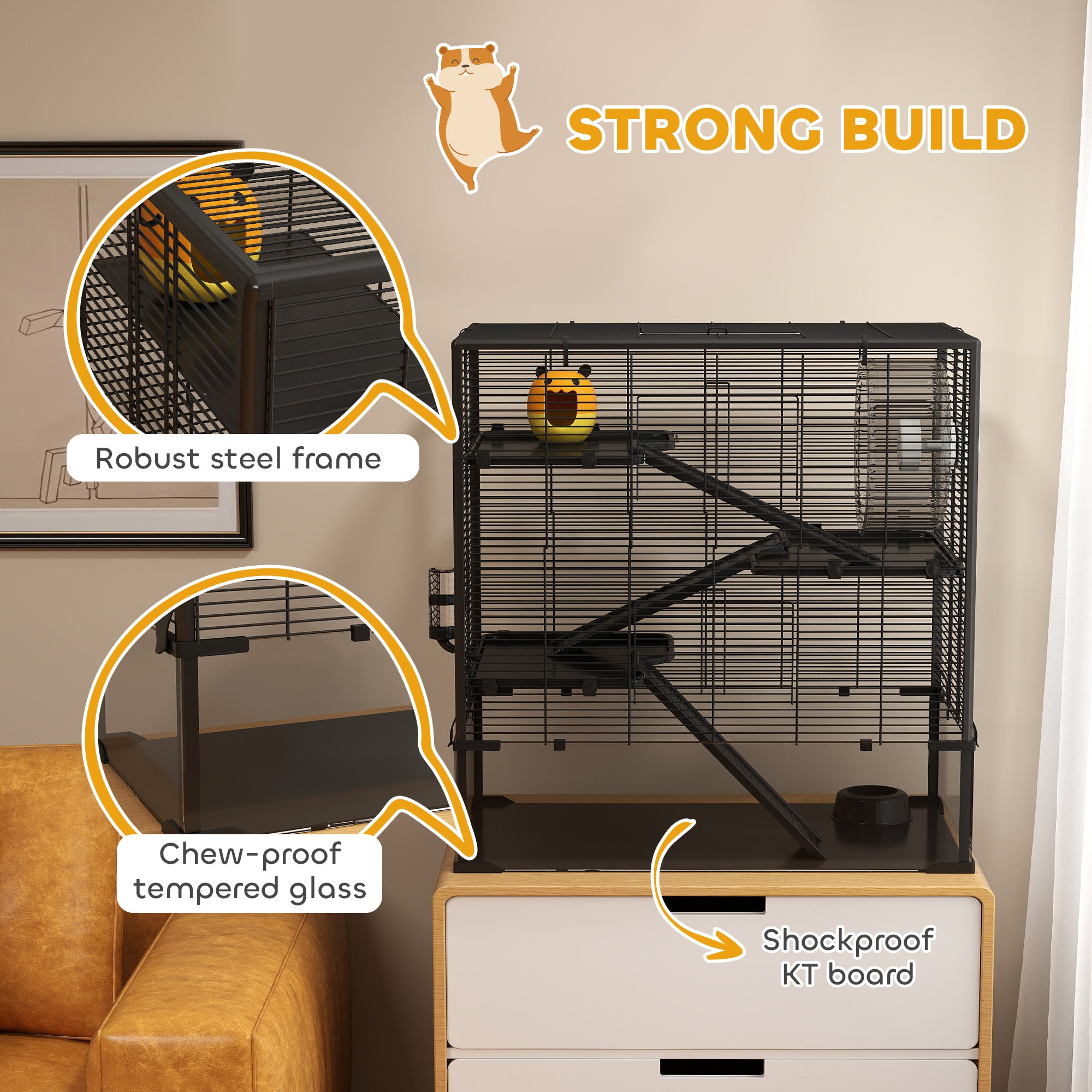 4 Tier Hamster Cage with Deep Tempered Glass Bottom, Running Wheel, Hut, Water Bottle, Food Dish, 31" x 19" x 31.5"