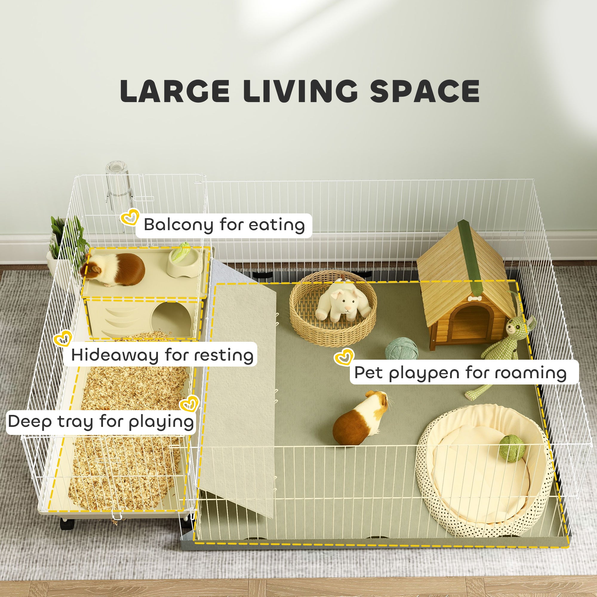 Small Animal Cage with Removable Pet Playpen, Guinea Pig Cage with Waterproof Pad, Hay Feeder, Water Bottle, Food Dish