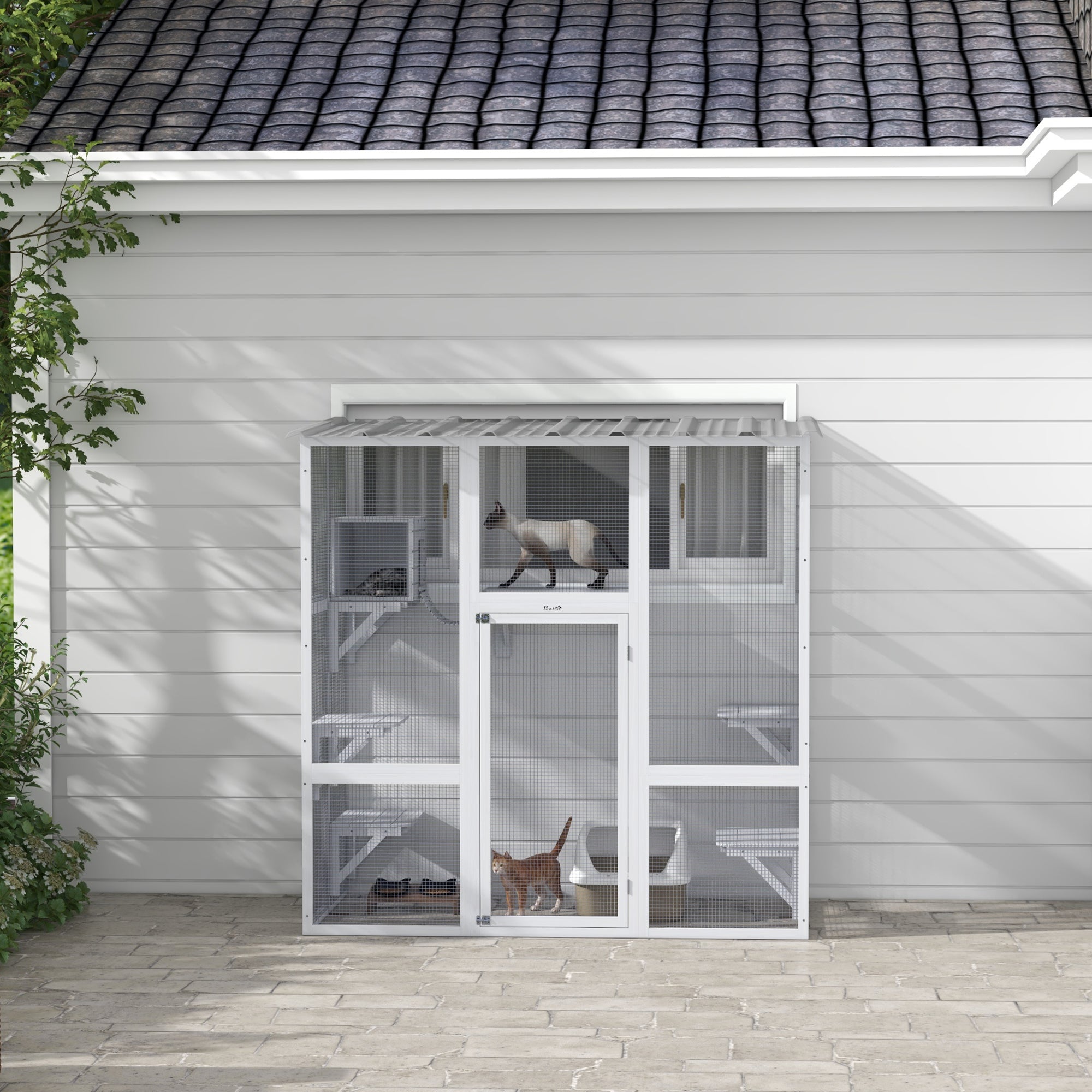 Catio Outdoor Cat Enclosure, Window Box Wooden Cat House with Bridge Platforms, White