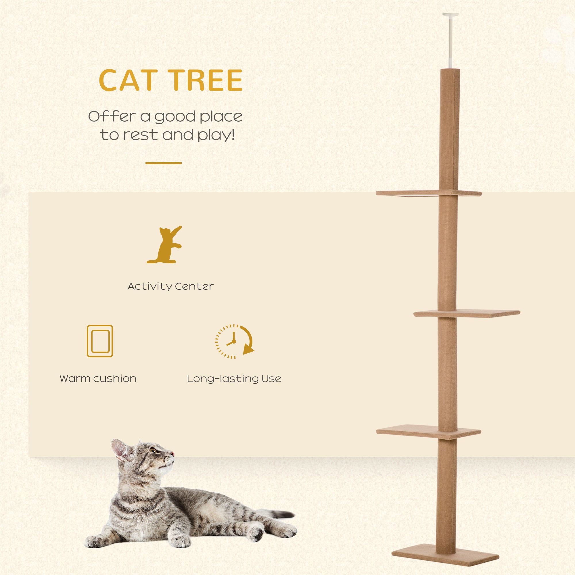 Floor-to-Ceiling Cat Tree Cat Climbing Tower with Sisal-Covered Scratching Posts Natural Cat Tree Activity Center for Kittens Cat Tower Furniture, Brown