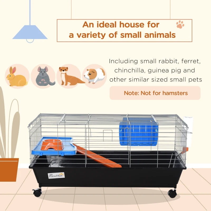 Small Animal Cage With Food Dish, Water Bottle, Hay Feeder, Platform, Ramp For Chinchilla, Black