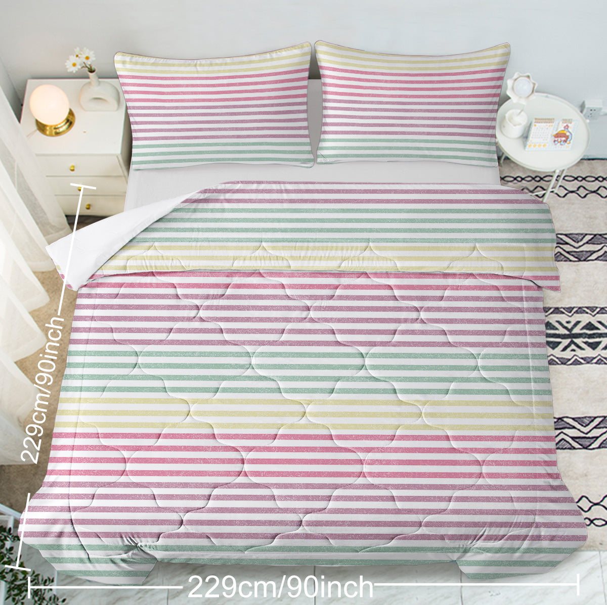 Striped Comforter Set Full Size, Rainbow Comforter Bedding Set Pink Yellow Green Purple 3 Piece, 1 Comforter And 2 Pillow Shams