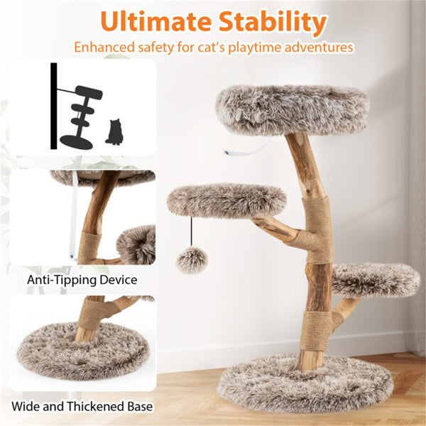 Multi-level Natural Pear Wood Cat Tree, Sisal Scratching Posts, Plush Balls, Long Plush Fabric