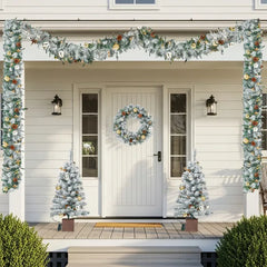 Pre-lit Holiday Christmas 4-Piece Set, Christmas Garland, Wreath And Set Of 2 Entrance Trees With Warm White LED Lights And Remote Control, Artificial Christmas Tree Celebrating Set, Snowy Green