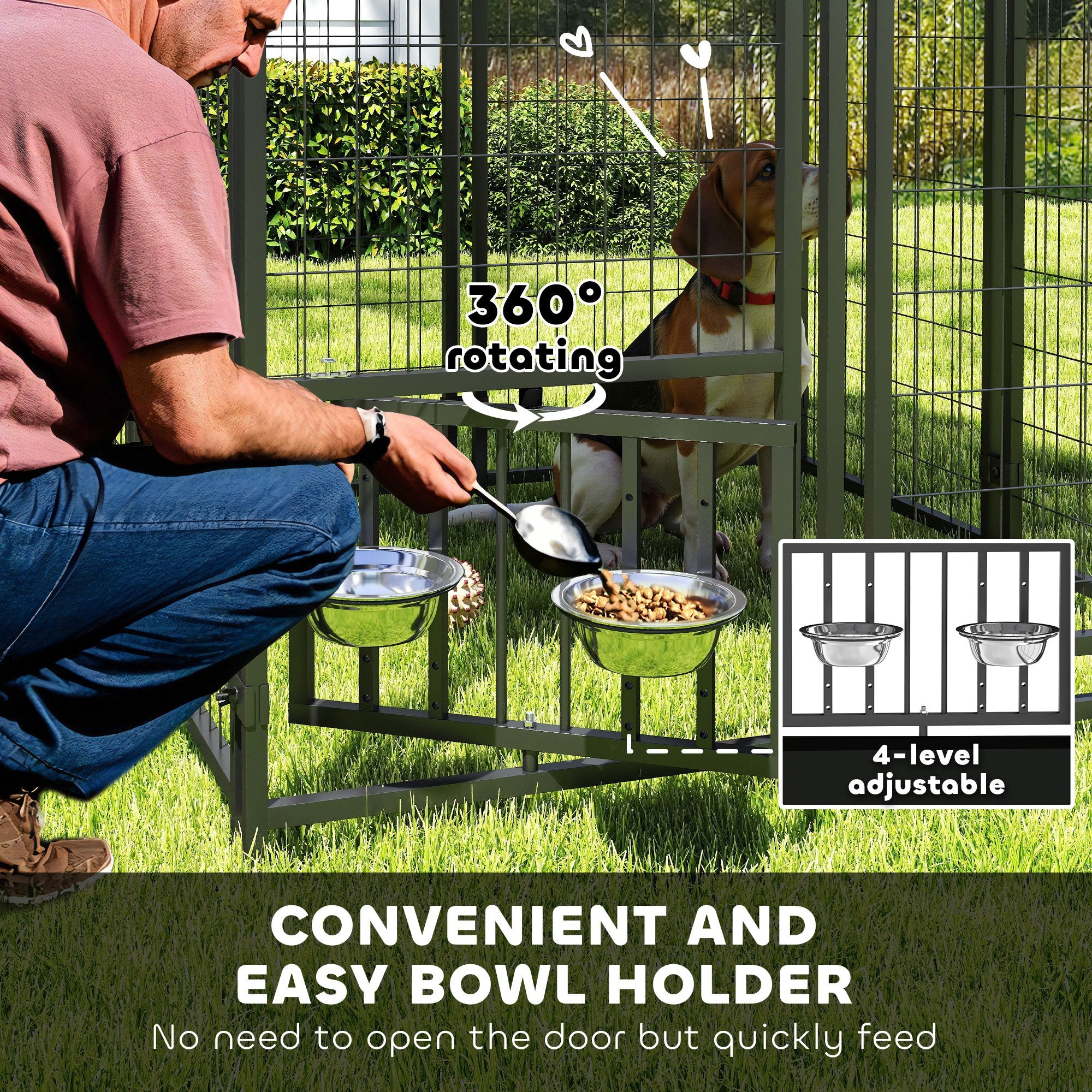 Welded Wire Outdoor Dog Kennel With 360 Rotating & 4 Levels Adjustable Bowls, Waterproof Cover, 3.9 X 3.9 X 4.5