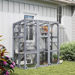 Large Wooden Catio Outdoor with 6 Jumping Platforms, Weatherproof Roof, for 1-3 Cats, 59" x 28" x 60", Gray