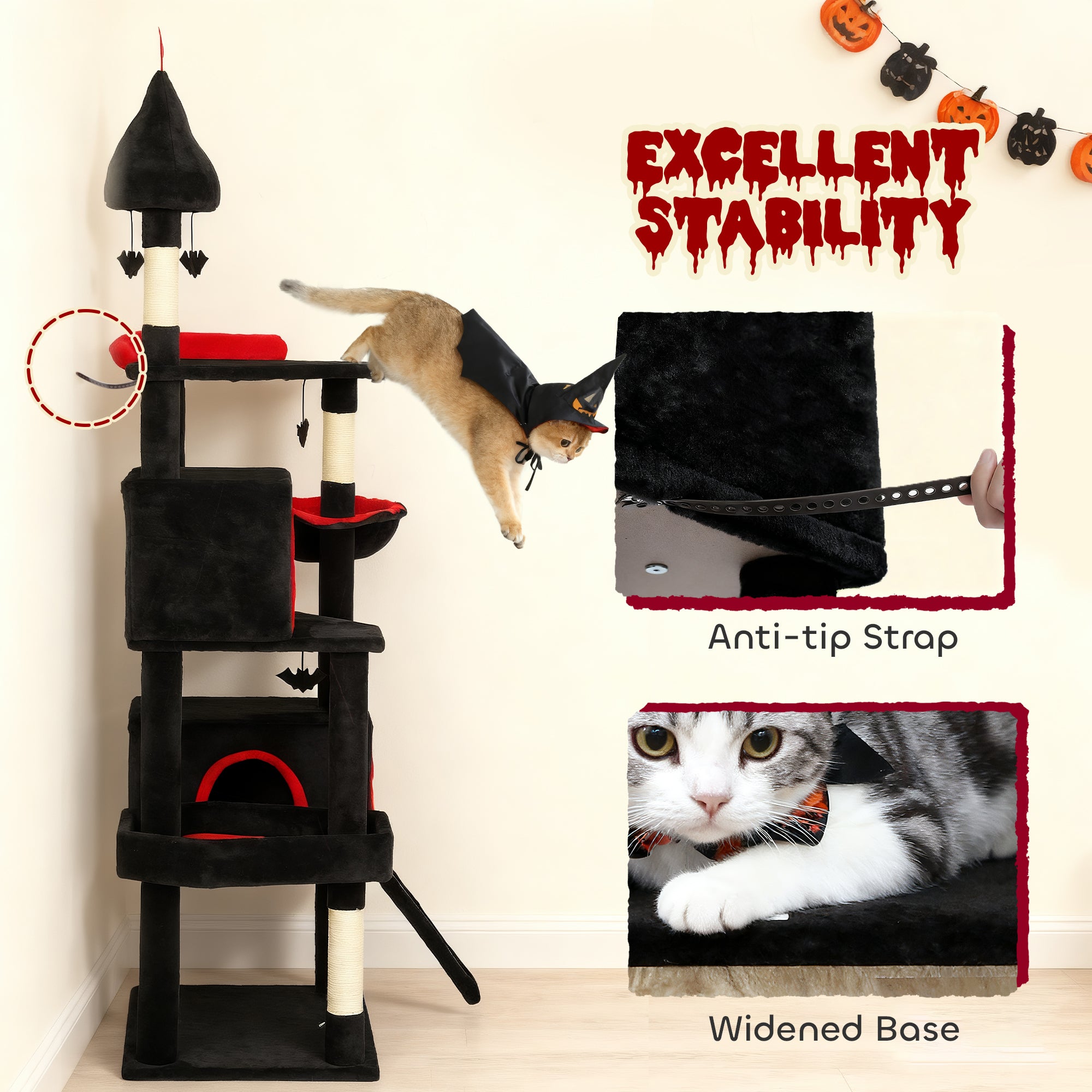 78" Gothic Cat Tree, Cat Tower with Coffin Bed, 2 Spacious Condos, Sisal Scratching Posts, Bat Hanging Balls, Halloween