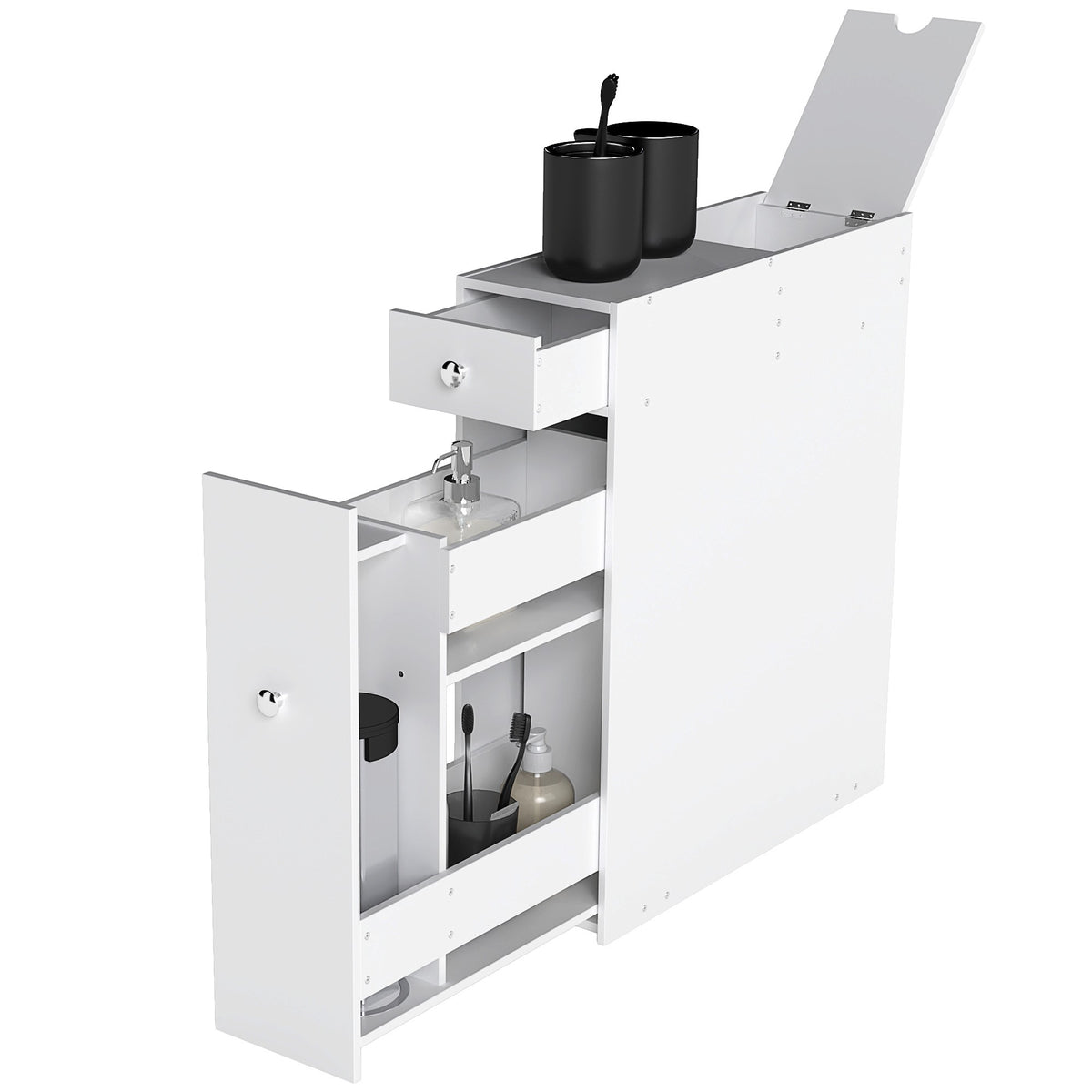 Bathroom Floor Organizer Free Standing Space Saving Narrow Storage Cabinet Bath Toilet Paper Holder with Drawers White