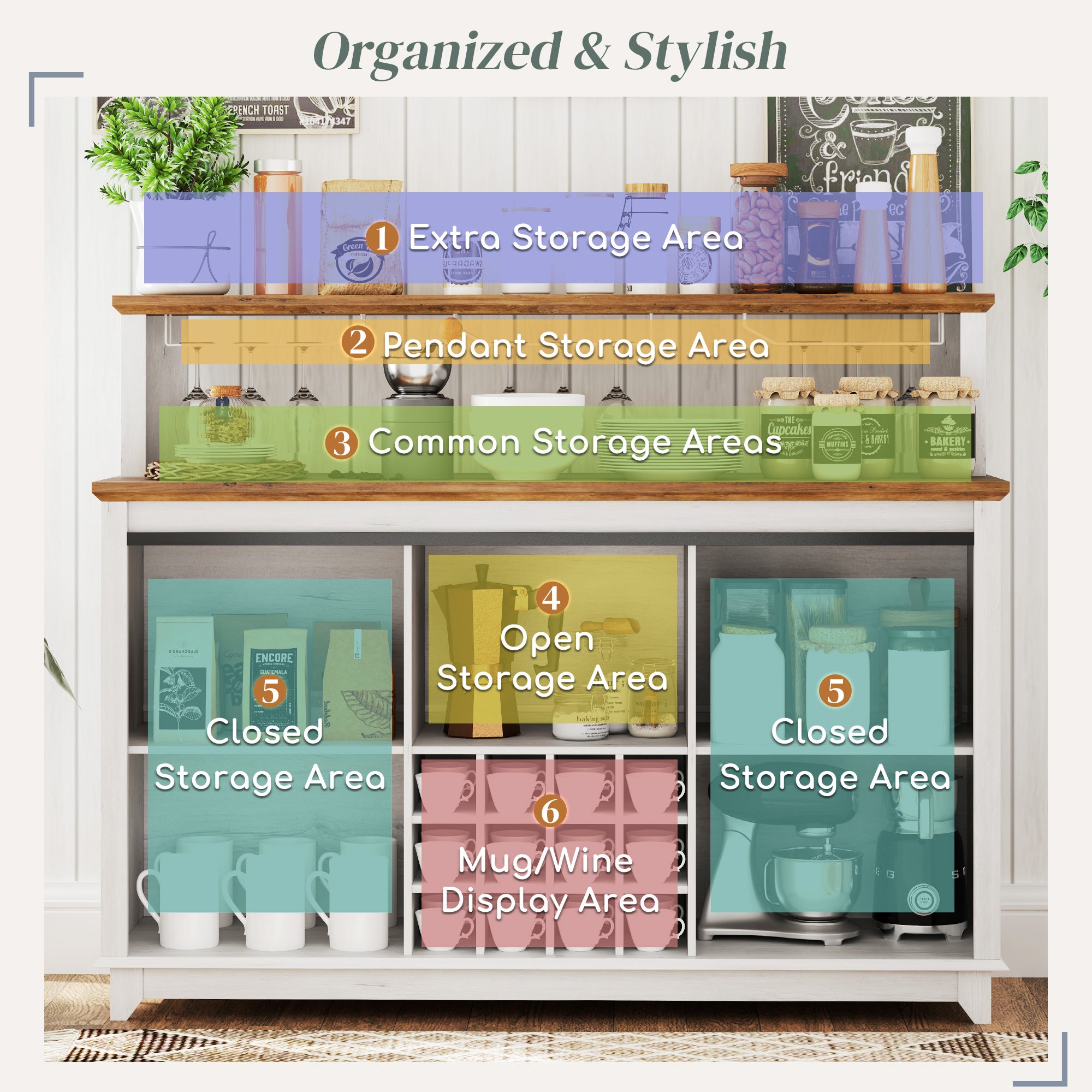 55" Coffee Bar Cabinet with Lights, Farmhouse Wine Cabinet with Wine and Glass Racks for Kitchen, Dining Room, White