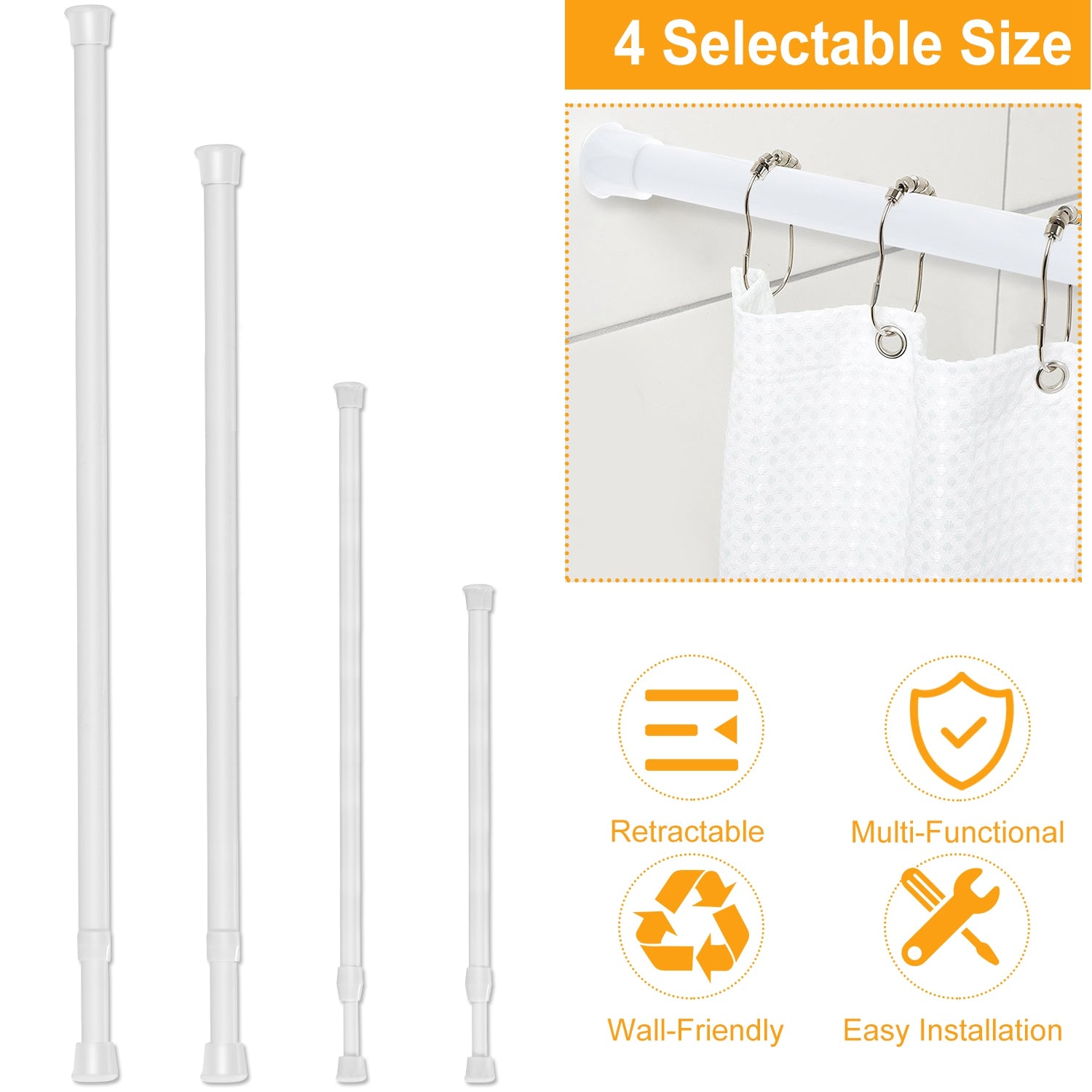 1Pc Tension Curtain Rod Spring Load Adjustable Curtain Pole Heavy-Duty Steel 4 Sizes For Bathroom Wardrobe Kitchen Balcony