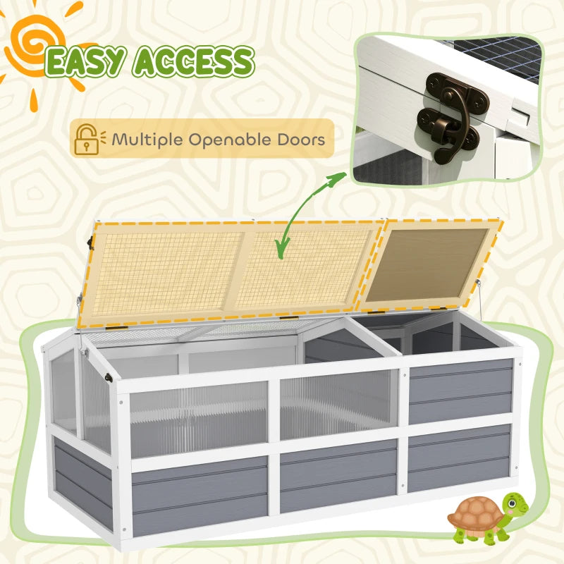 PawHut Wooden Tortoise Habitat Outdoor W Bottomless Design, Doors, PC Sun Panel Windows, For Small Animals, Rabbit, Light Gray
