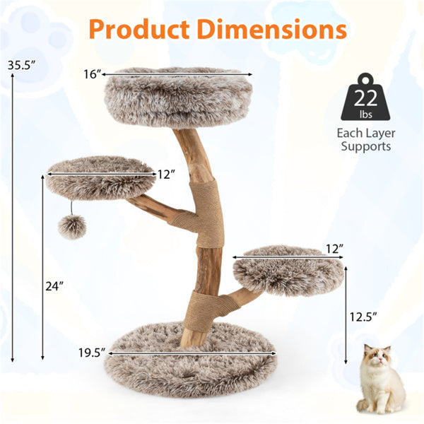 Multi-level Natural Pear Wood Cat Tree, Sisal Scratching Posts, Plush Balls, Long Plush Fabric