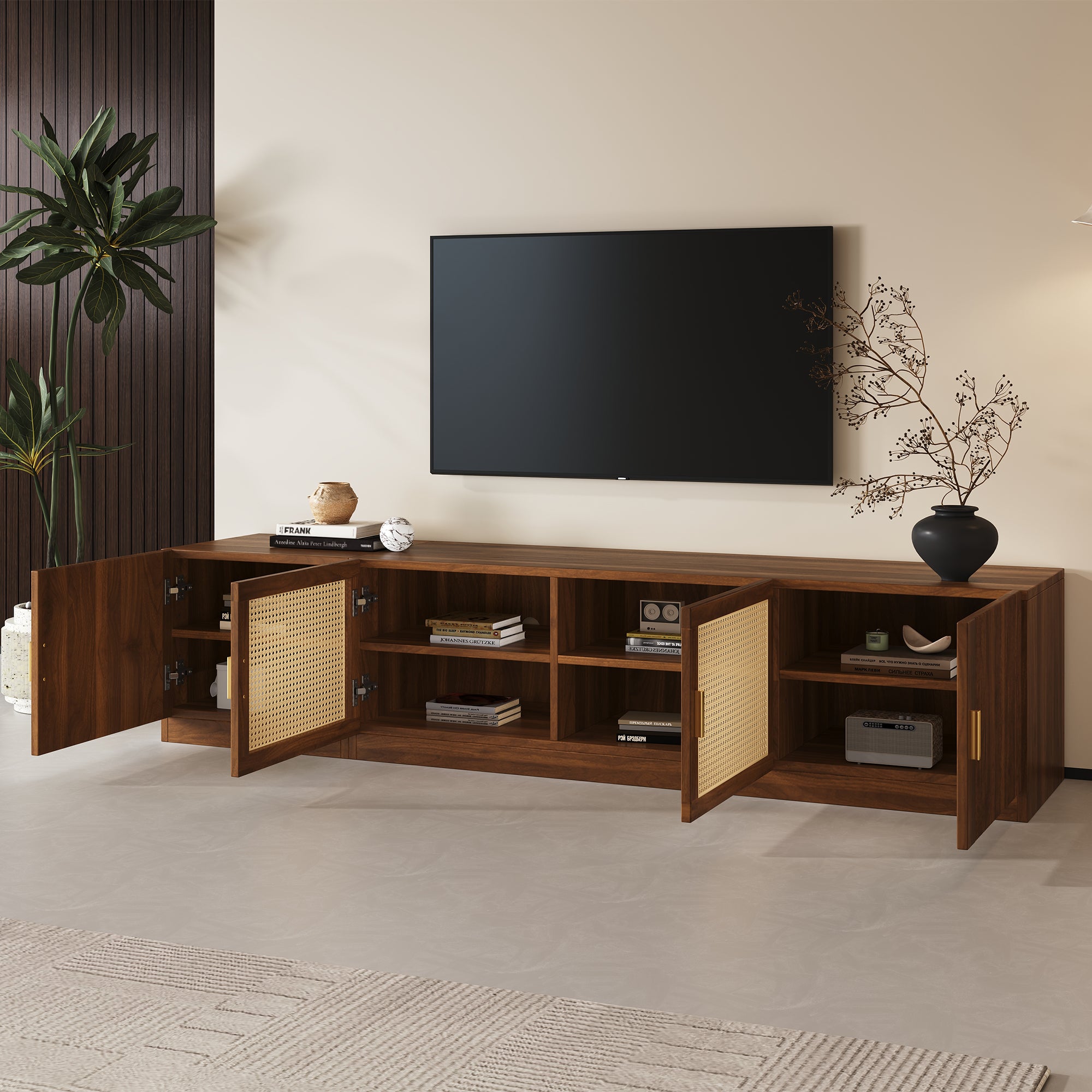 78 TV Stand For TVs Up To 85, TV Console For Living Room, Media Console With Rattan Doors, Adjustable Shelf TV Stand For Bedroom