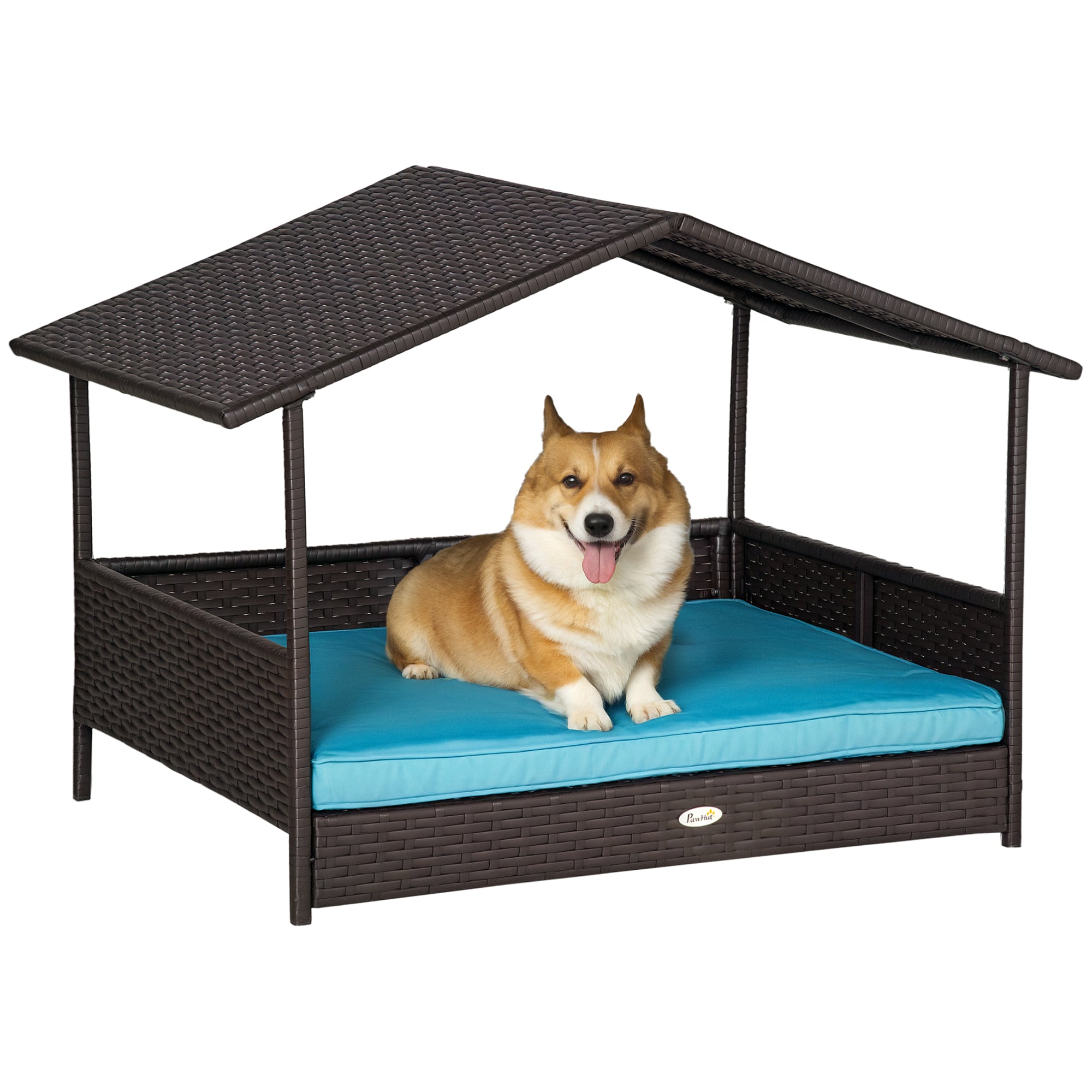 Wicker Dog House Outdoor with Canopy, Rattan Dog Bed with Water-resistant Cushion, Raised Pet Bed for Small, Medium Breeds up to 66 lbs, 20" in Length, Brown Wicker, Blue Cushion