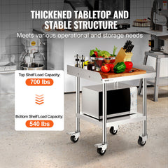 Stainless Steel Work Table, 24 X 24 X 30 Inch Commercial Food Prep Worktable With 4 Wheels, Casters, 3-Sided Backsplash Heavy Duty Prep Worktable, Metal Work Table For Restaurant Home Hotel