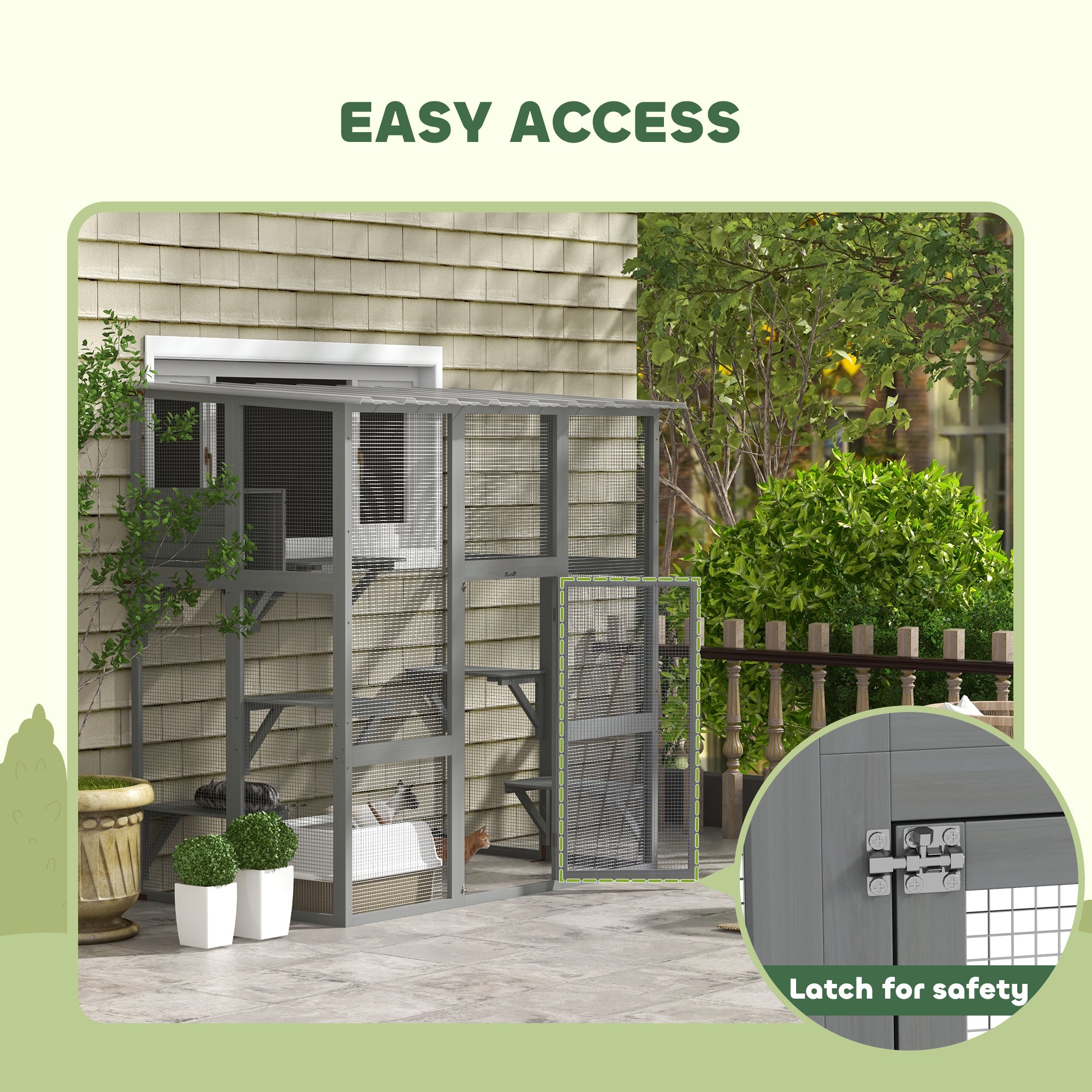 Catio Outdoor Cat Enclosure, Window Box Wooden Cat House with Bridge Platforms, Gray