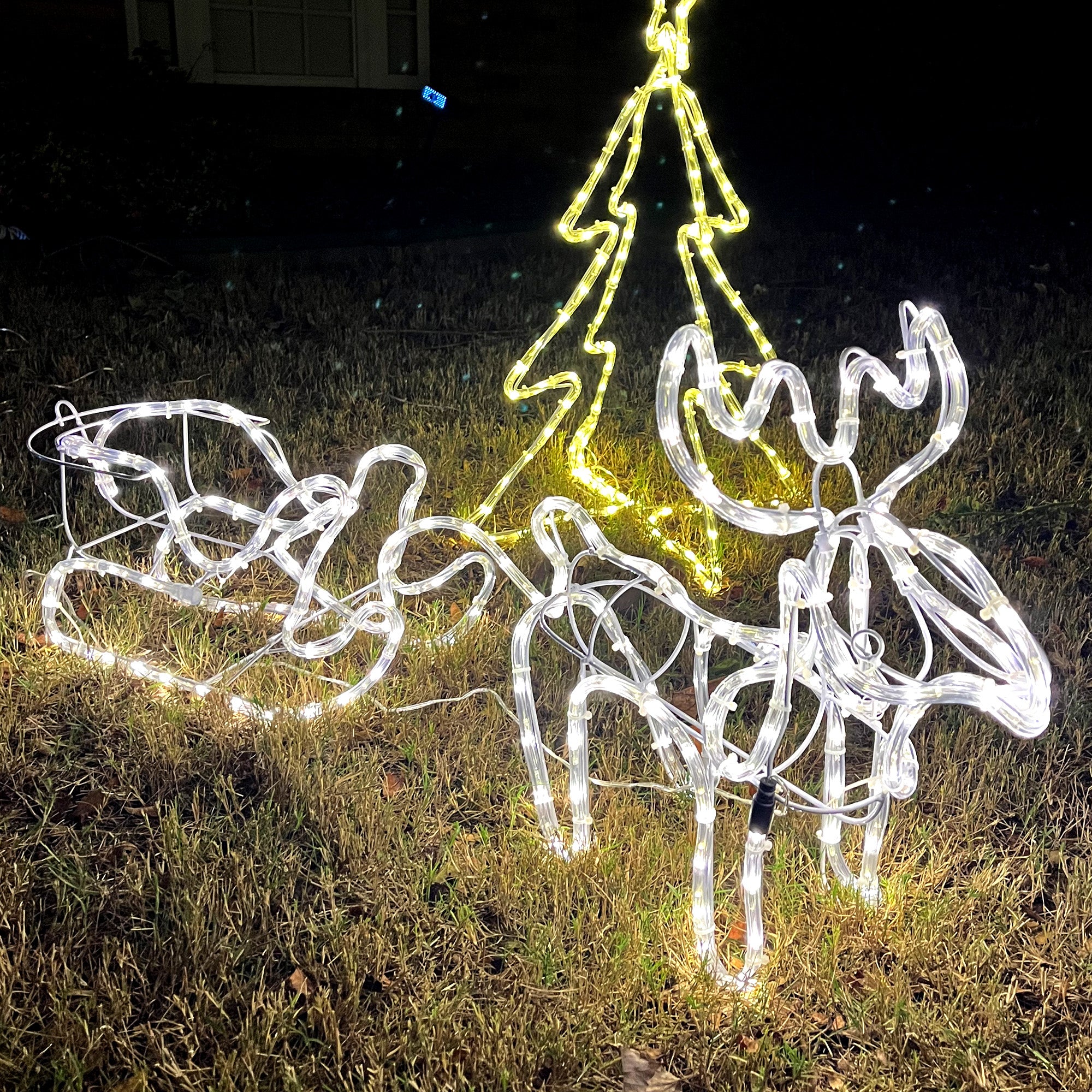 35" Christmas Reindeer and Sleigh with LED Motif Warm Lighting