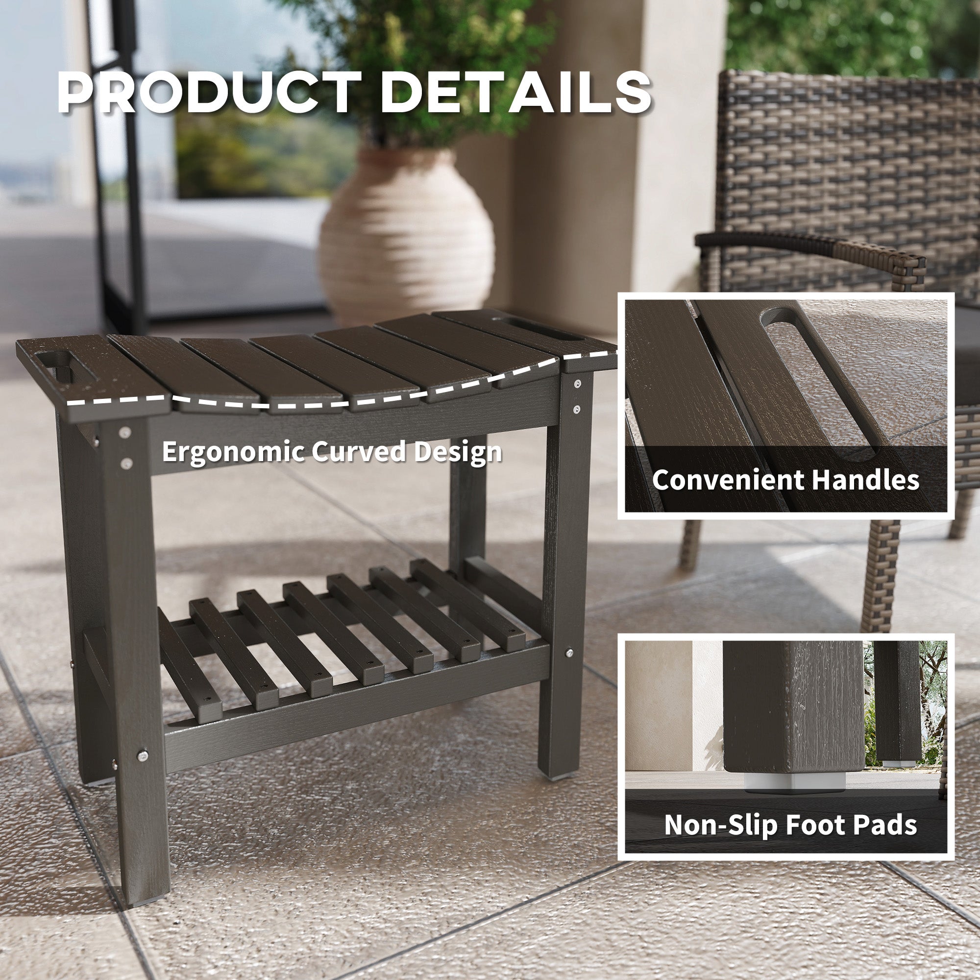 HDPE Shower Bench, Waterproof Shower Stool with Handle, Storage Shelf, Non-Slip Pads for Indoor Outdoor, Dark Gray