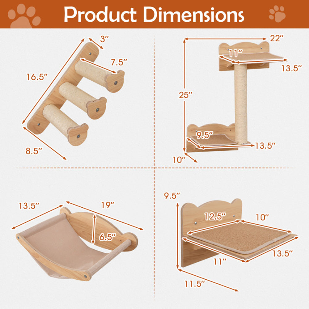 Cat Wall Furniture Set Of 4 With Hammock 2-step Cat Tree And Perch