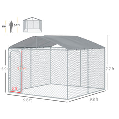 Outdoor Dog Kennel Galvanized Fence with Cover Secure Lock Sidewalls for Backyard 9.8' x 9.8' x 7.7'