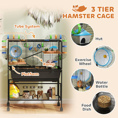 3 Tier Hamster Cage, Rolling Rat Cage with Deep Tray, Storage Shelf, Big Exercise Wheel, Hut, Tube System