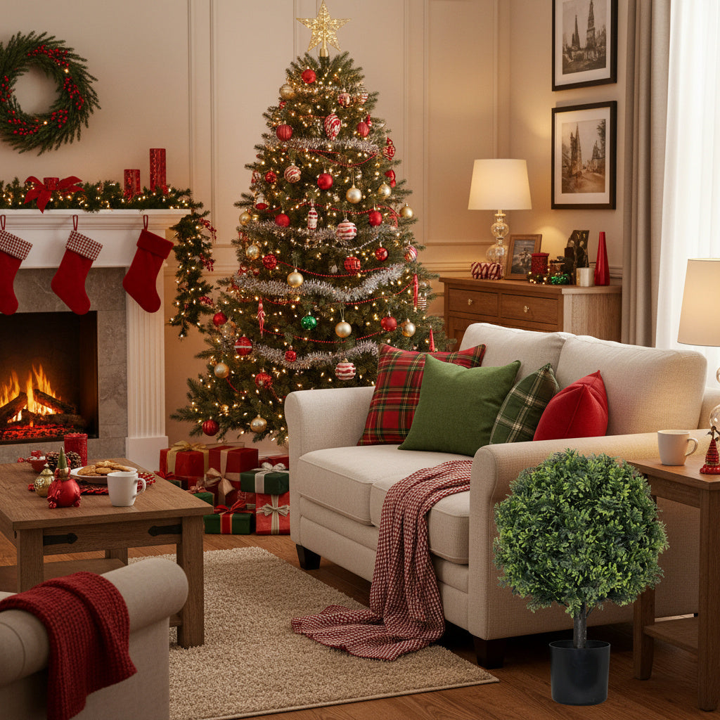 2PCS Set 22in Artificial Trees Natural Boxwood Topiary Fake Plants Evergreen Potted For Porch Patio Entryway Indoor Christmas Home Decor