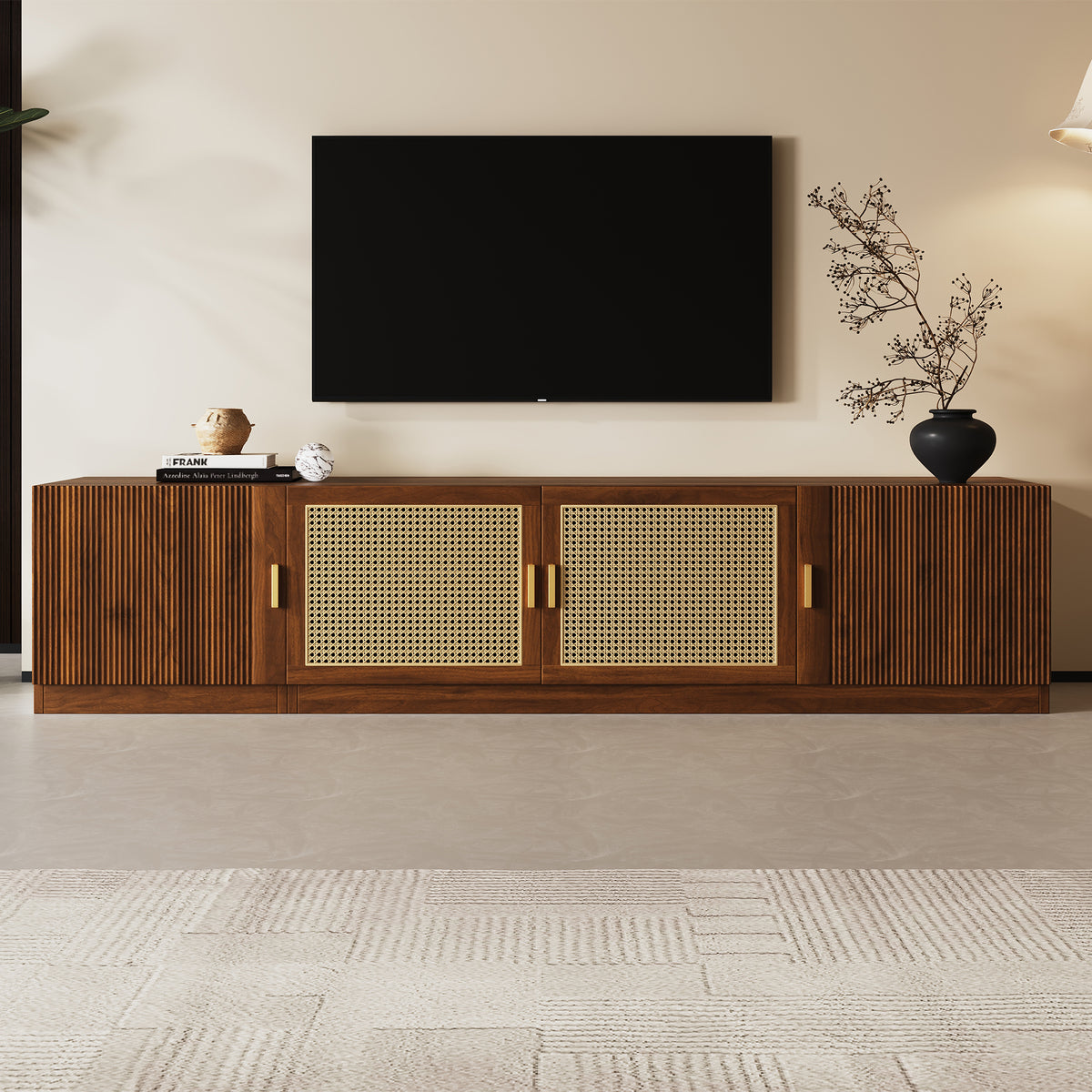 78 TV Stand For TVs Up To 85, TV Console For Living Room, Media Console With Rattan Doors, Adjustable Shelf TV Stand For Bedroom
