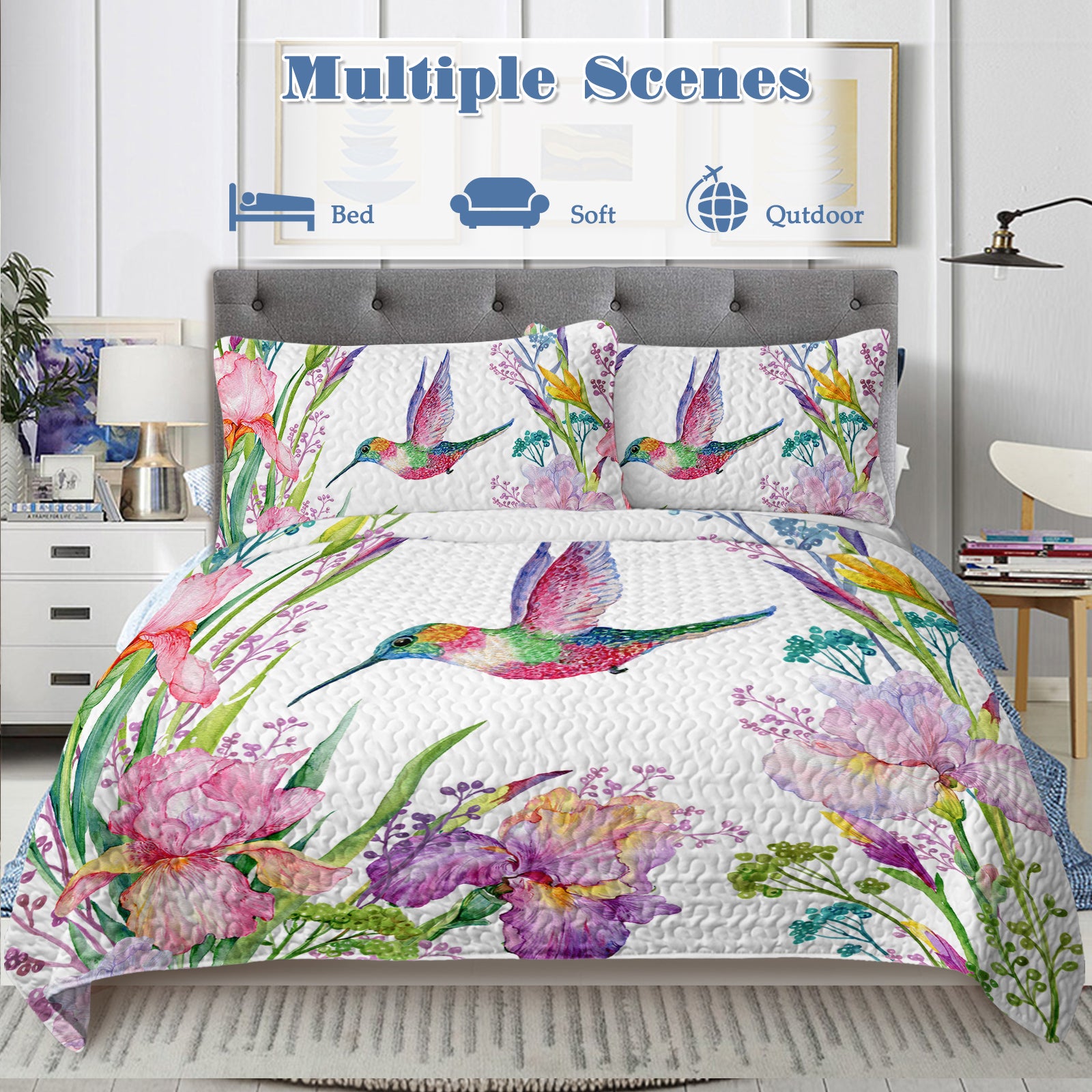 Watercolor Hummingbird Flowers Pattern Quilt Set -1 Quilt, 2 Shams