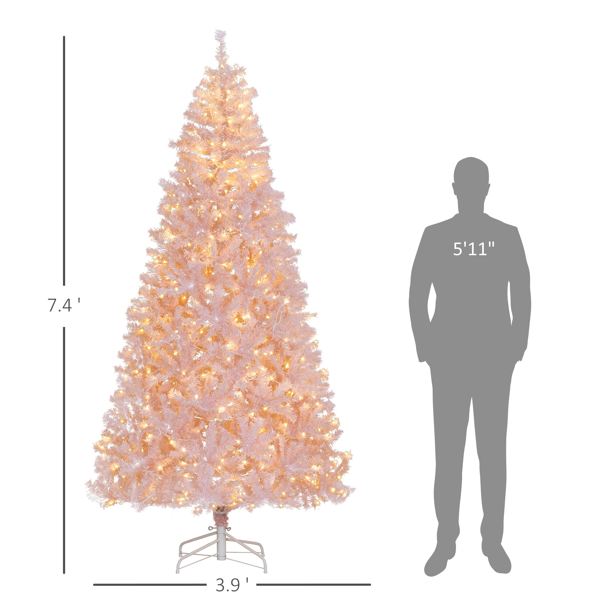 HOMCOM 7.5' Tall Prelit Christmas Tree Douglas Fir Artificial Christmas Tree With Realistic Branches, 500 Warm White LED Lights And 1346 Tips, Pink