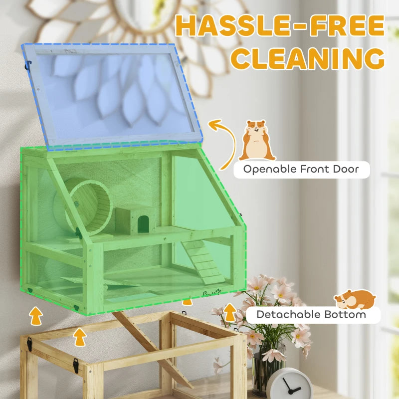 3 Tier Wooden Hamster Cage W Detachable Bottom, Hut, Seesaw, Exercise Wheel, Ramps