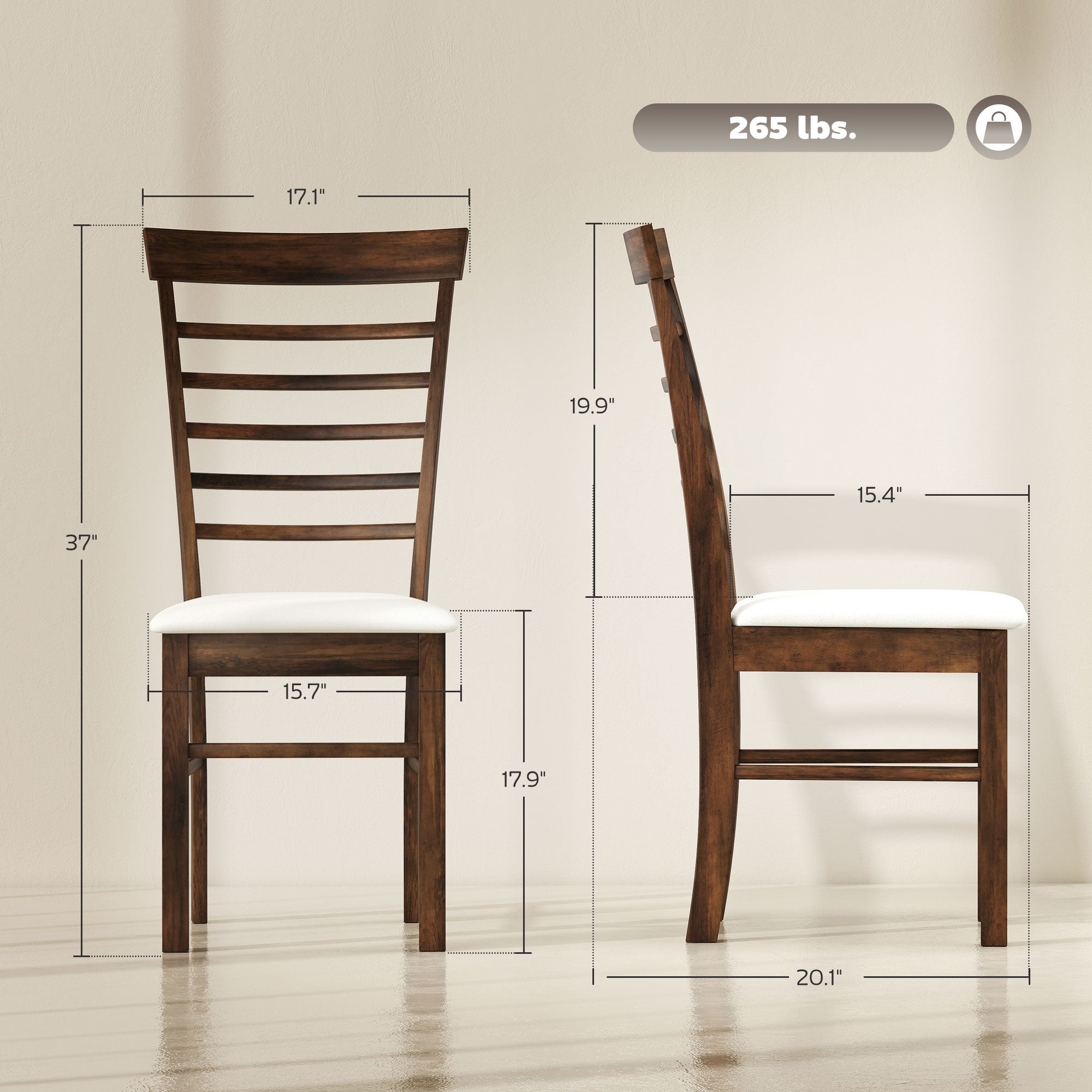 Wooden Dining Chairs Set of 4, Farmhouse Upholstered Kitchen Chairs with Rubber Wood Frame, Dark Brown and Beige