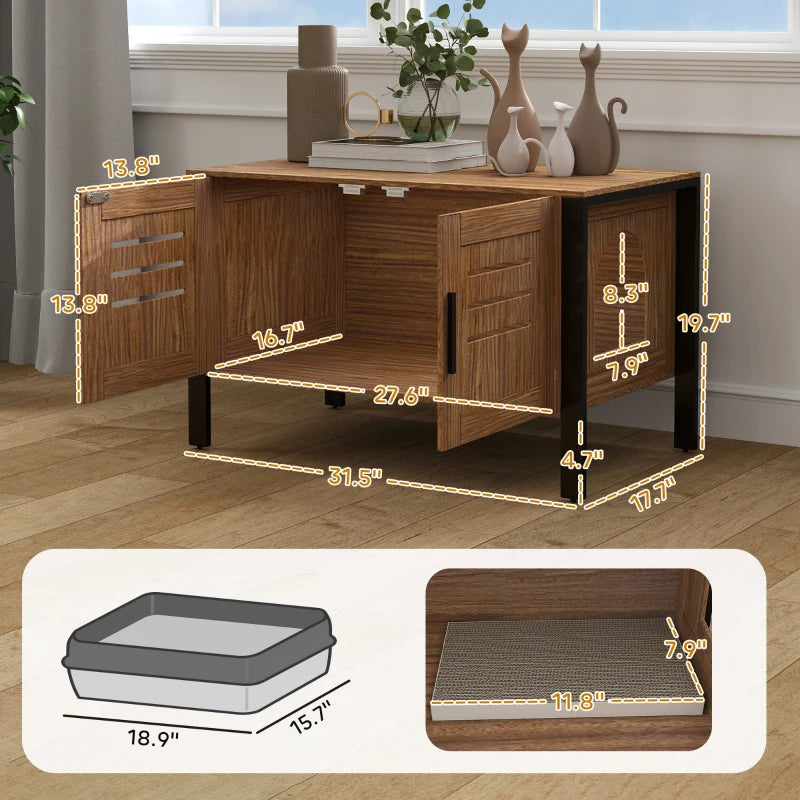 PawHut Cat Litter Box Enclosure With Tall Legs, Scratching Board, Dark Brown,