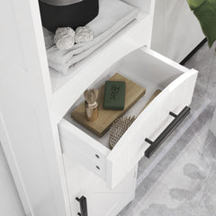 Farmhouse Tall Slim Bathroom Storage Cabinet with Recessed Drawer, Narrow Cabinet with Barn Door, White