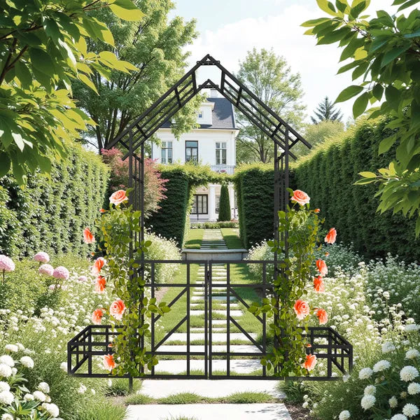 Metal Garden Arch With Gate With Planter W80.71*H97.24 Climbing Plants Support Rose Arch Outdoor Black