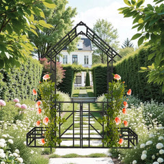 Metal Garden Arch With Gate With Planter W80.71*H97.24 Climbing Plants Support Rose Arch Outdoor Black