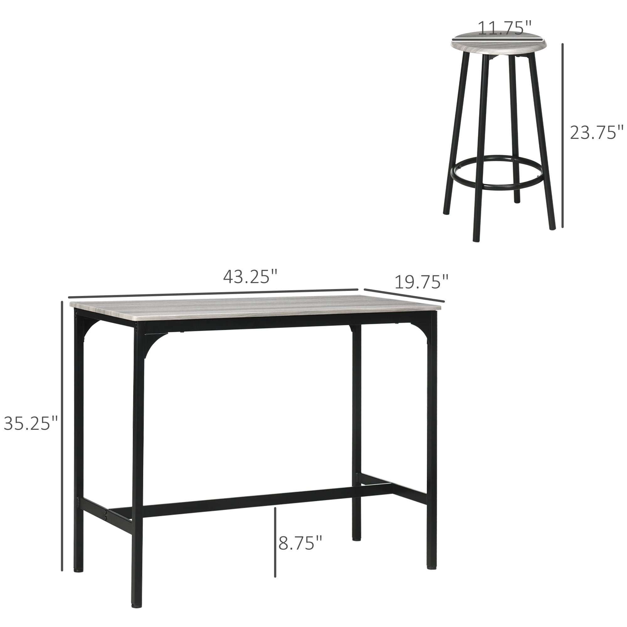 5-Piece Counter Height Bar Table Set, Rustic 43.25" Dining Table with 4 Bar Stools, Kitchen Table with Wooden Top for Pub, Dining Room, Gray