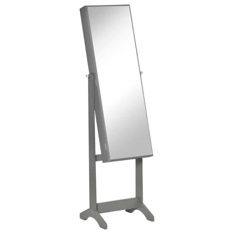 Full-Length Mirror Jewelry Storage Armoire W Lockable Door & Key, Gray