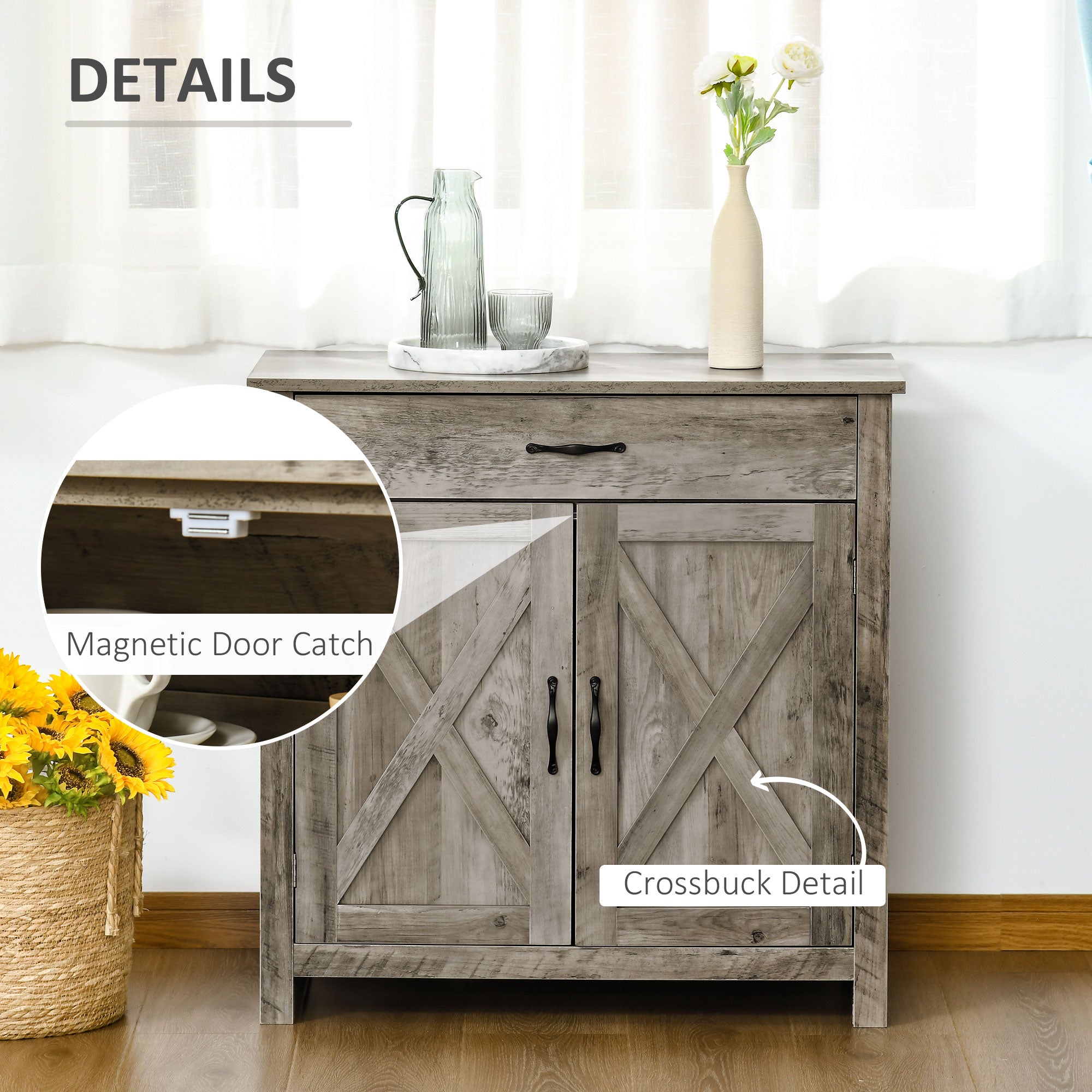 Farmhouse Sideboard Buffet Cabinet, Barn Door Coffee Bar Cabinet with Drawer and Adjustable Shelf for Kitchen, Living Room, Entryway, Gray