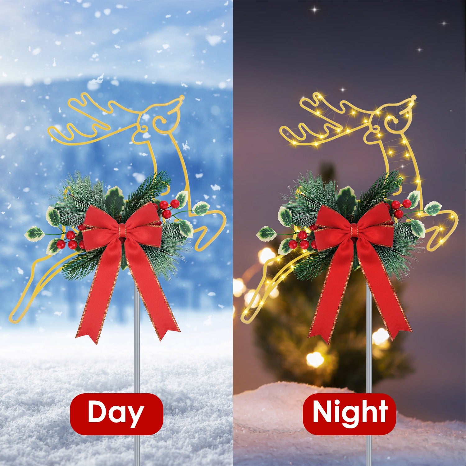 2Pcs Christmas Lighted Reindeer Decoration LED Pathway Stake Lights Battery Powered For Outdoor Garden Lawn Porch Front Door Patio Holiday Decor