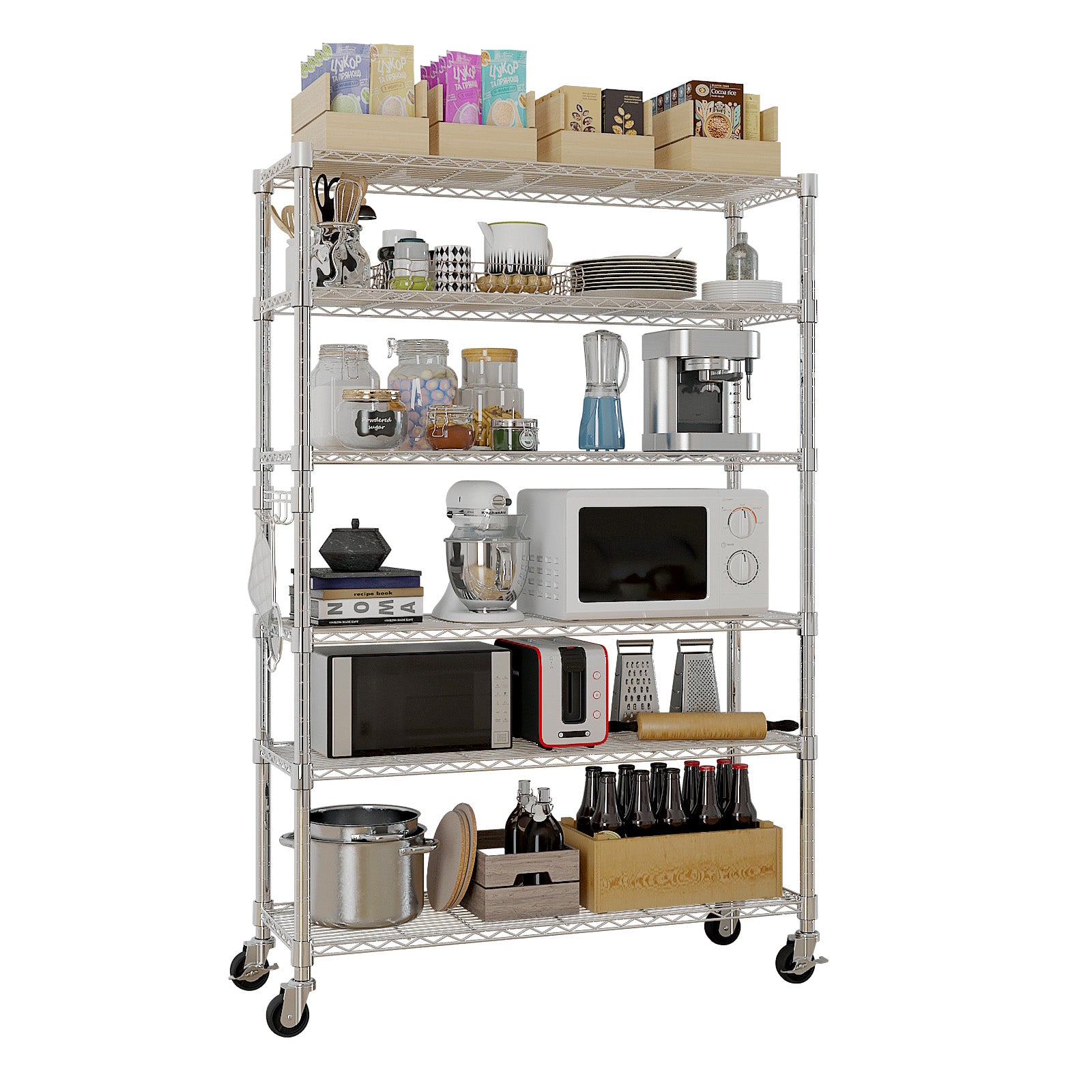 6-Tier Modular Shelving Unit With 1 Row Of Side Hooks Features Adjustable Feet And Casters Iron Construction Freely Adjustable Shelf Spacing Home Shelving Unit 117x45x208cm Silver Paint Finish