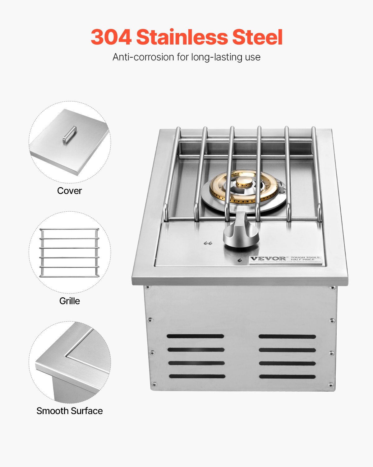 Single Grilling Side Burner For Outdoor 15,000BTU Propane & Natural Gas