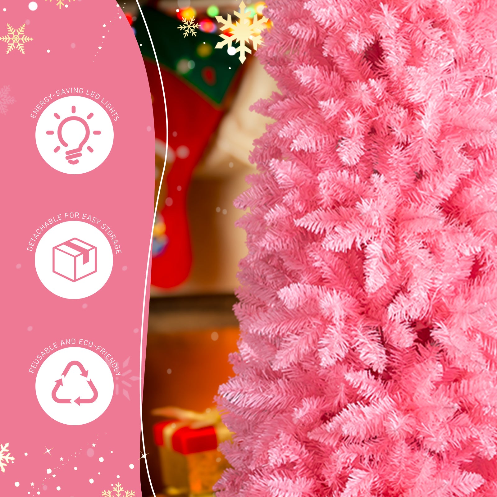 7.5 FT Hinged Christmas Tree, Artificial Pencil Christmas Tree, Unlit Artificial Christmas Pine Tree With 1075 Branch Tips And Sturdy Stand, Pink