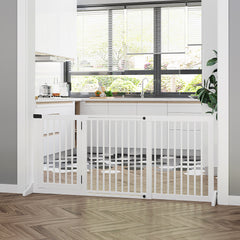 Freestanding Length Adjustable Wooden Pet Gate with Lockable Door 3 Panels, White