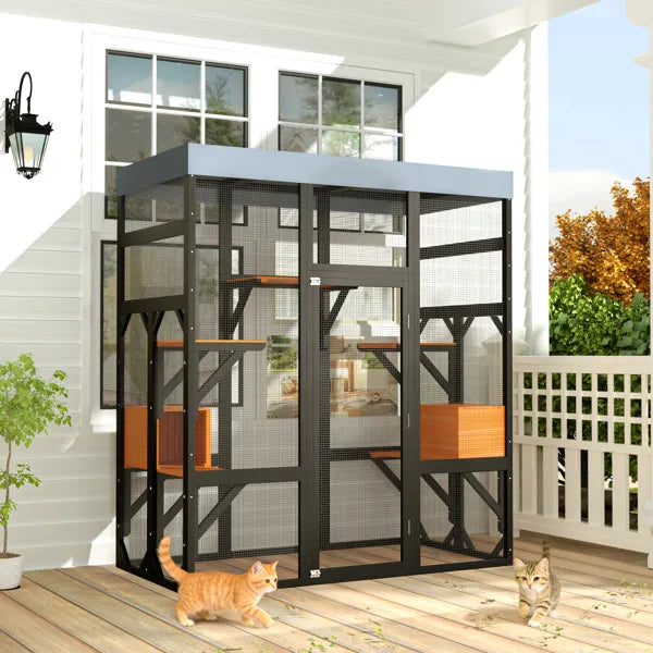 Large Outdoor Cat Enclosure Catio With 5 Platforms & 2 Napping Houses, Secure Metal Frame, Easy Assembly For Indoor & Outdoor Use