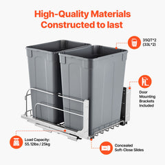 Double Pullout Waste Container Kitchen Trash Can With Soft Close Grey 35QTx2