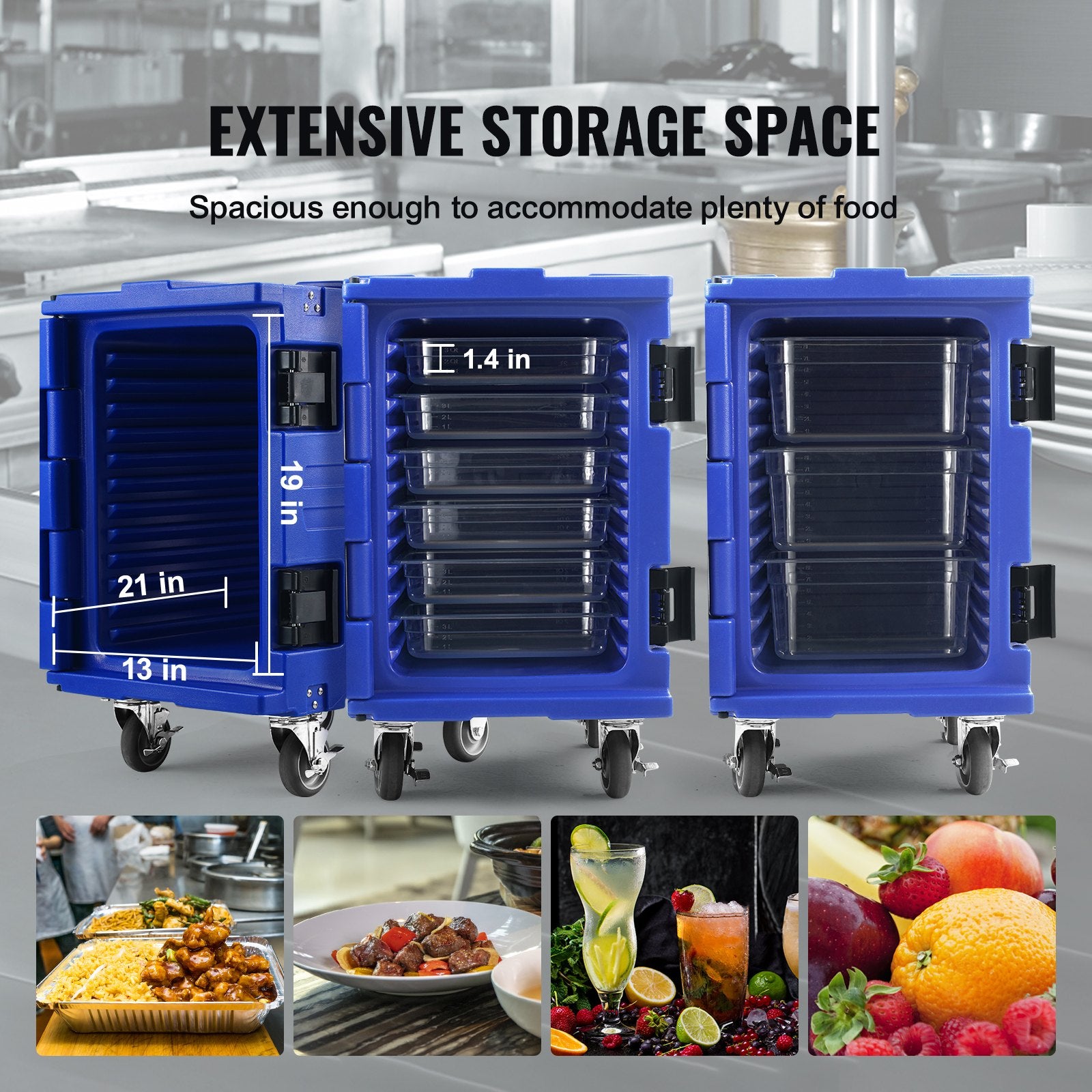 Insulated Food Pan Carrier, 82 Qt Hot Box For Catering, LLDPE Food Box Carrier W/One-Piece Buckle, Front Loading Food Warmer W/Handles, End Loader W/Wheels For Restaurant, Canteen, Etc. Blue