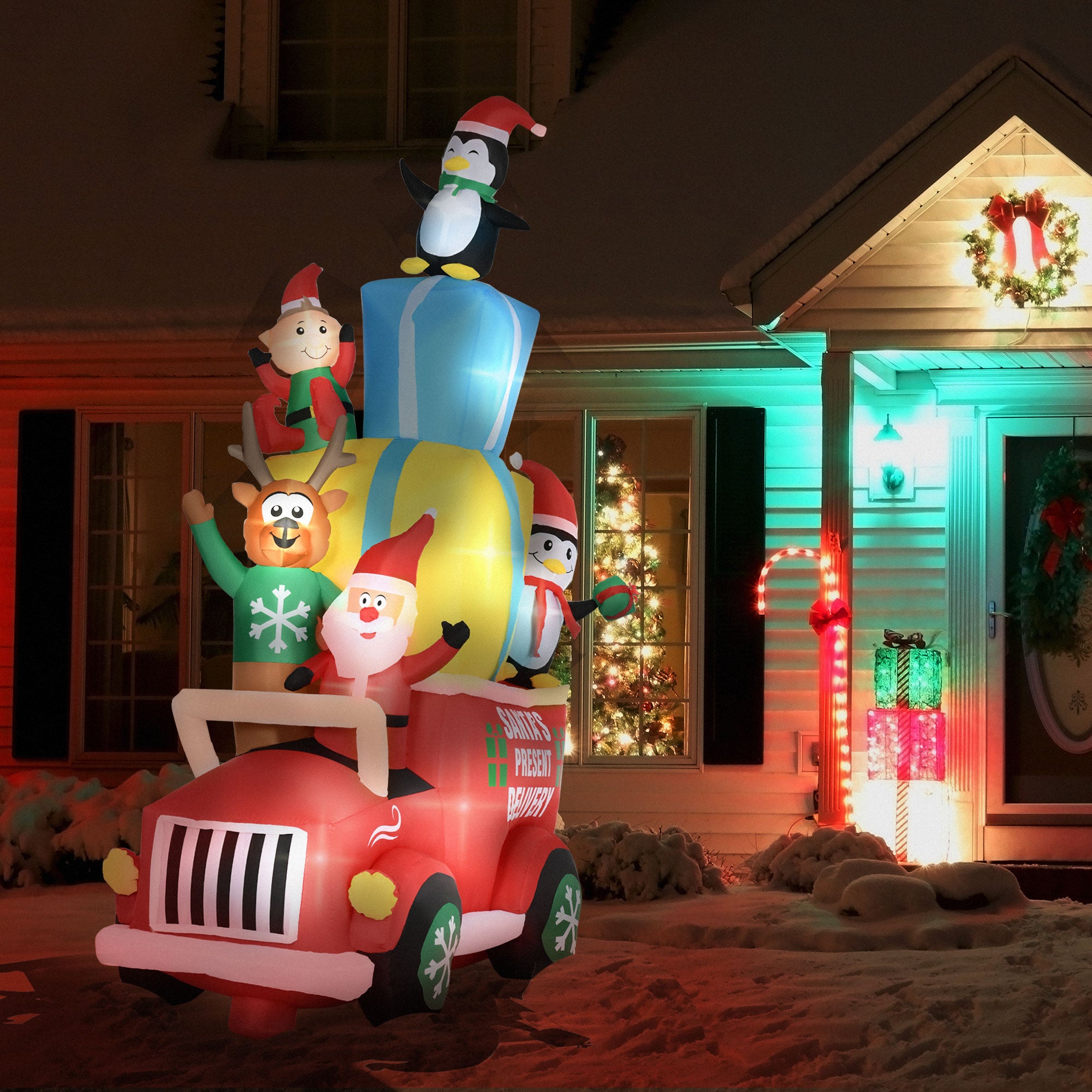 9ft Christmas Inflatables Outdoor Decorations Santa Claus Drives a Gift Car with Elk, Elf and Two Penguins, Blow-Up LED Yard Christmas Decor for Garden, Lawn