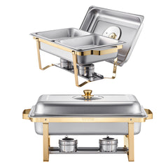 4 Qt 2 Pack Rectangle Chafing Dish Buffet Set Half Size Pan Stainless Steel Gold