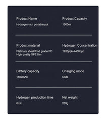 Hydrogen Water Bottle 1.5L Hydrogen Rich Portable Rich Hydrogen Water Generator