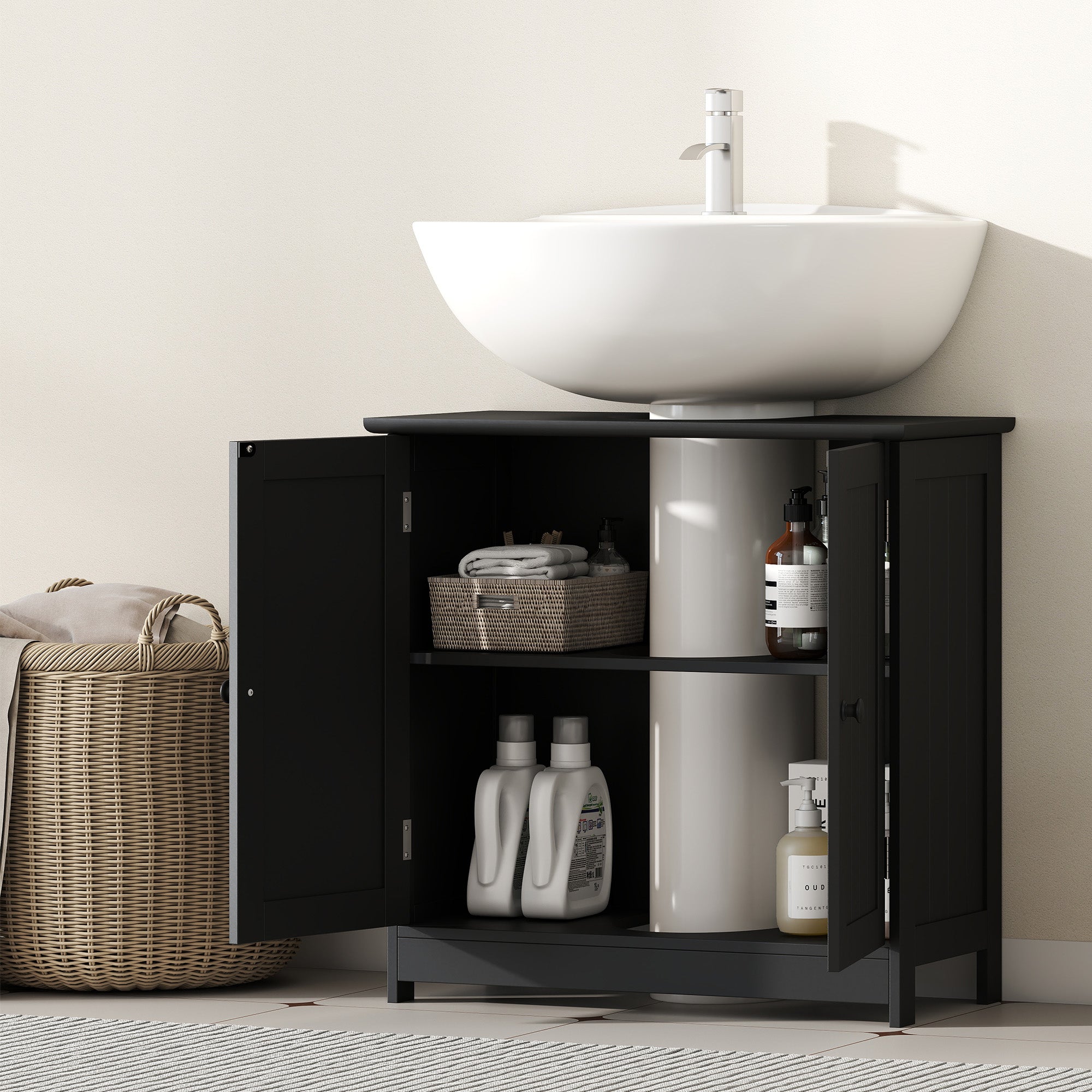 Under Sink Bathroom Cabinet, Pedestal Sink Storage Cabinet with 2 Doors, Shelf and U-Shape, Black